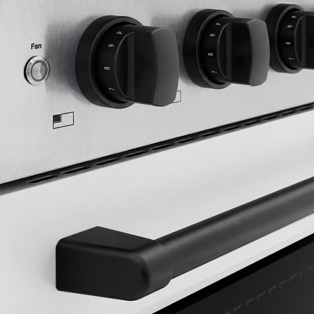 ZLINE Autograph Edition 36 in. 5.2 cu. ft. Paramount Induction Range with 5 Element Cooktop and Electric Convection Oven in Satin Stainless Steel with White Matte Door and Matte Black Accents (SINRSZ-WM-36-MB) close-up, cooktop and oven knobs.