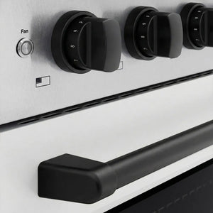 ZLINE Autograph Edition 36 in. 5.2 cu. ft. Paramount Induction Range with 5 Element Cooktop and Electric Convection Oven in Satin Stainless Steel with White Matte Door and Matte Black Accents (SINRSZ-WM-36-MB) close-up, cooktop and oven knobs.