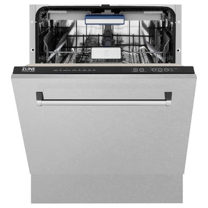 ZLINE 24 in. Tallac Series 3rd Rack Tall Tub Dishwasher with Satin Stainless Steel Panel and Stainless Steel Tub, 51dBa (DWV-SN-24) front, half open.