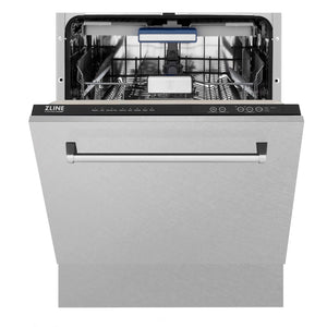 ZLINE 24 in. Tallac Series 3rd Rack Tall Tub Dishwasher with Satin Stainless Steel Panel and Stainless Steel Tub, 51dBa (DWV-SN-24) front, half open.