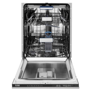 ZLINE 24 in. Tallac Series 3rd Rack Tall Tub Dishwasher with Satin Stainless Steel Panel and Stainless Steel Tub, 51dBa (DWV-SN-24) front, open.