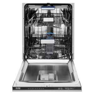 ZLINE 24 in. Tallac Series 3rd Rack Tall Tub Dishwasher with Satin Stainless Steel Panel and Stainless Steel Tub, 51dBa (DWV-SN-24) front, open.