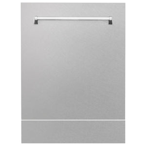 ZLINE 24 in. Tallac Series 3rd Rack Tall Tub Dishwasher with Satin Stainless Steel Panel and Stainless Steel Tub, 51dBa (DWV-SN-24) front, with kickplate.