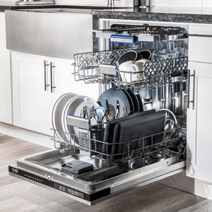 ZLINE 24 in. Tallac Series 3rd Rack Tall Tub Dishwasher with Satin Stainless Steel Panel and Stainless Steel Tub, 51dBa (DWV-SN-24) in a luxury kitchen.