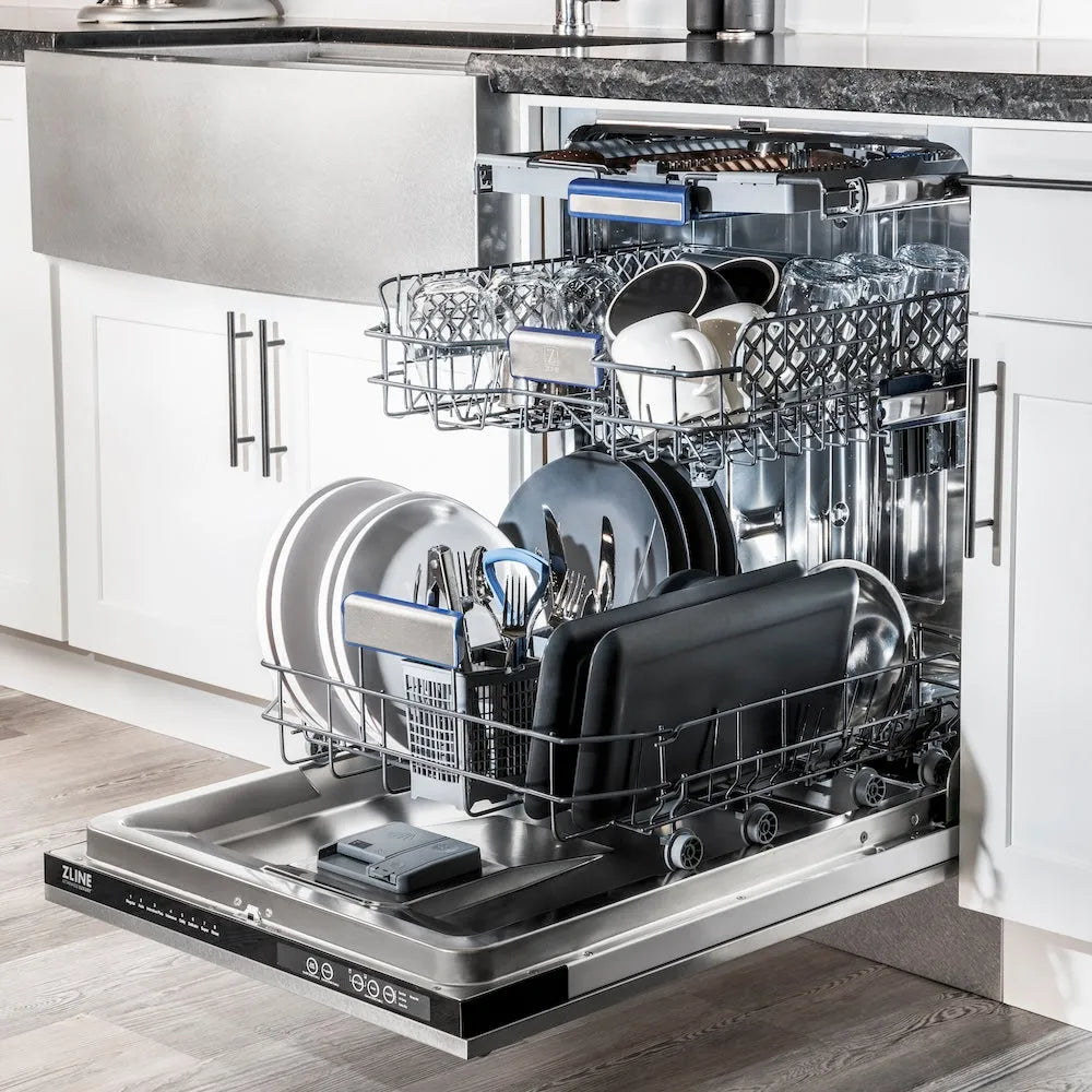 ZLINE 24 in. Tallac Series 3rd Rack Tall Tub Dishwasher with Satin Stainless Steel Panel and Stainless Steel Tub, 51dBa (DWV-SN-24) in a luxury kitchen.