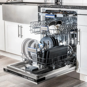 ZLINE 24 in. Tallac Series 3rd Rack Tall Tub Dishwasher with Satin Stainless Steel Panel and Stainless Steel Tub, 51dBa (DWV-SN-24) in a luxury kitchen.