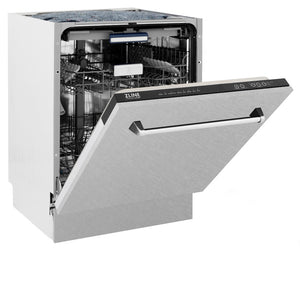 ZLINE 24 in. Tallac Series 3rd Rack Tall Tub Dishwasher with Satin Stainless Steel Panel and Stainless Steel Tub, 51dBa (DWV-SN-24) side, half open.