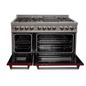 ZLINE 48 in. 6.0 cu. ft. Legacy Dual Fuel Range with 7 Burner Gas Cooktop and 2 Electric Ovens in Satin Stainless Steel and Red Gloss Doors (RAS-RG-48) front, open.