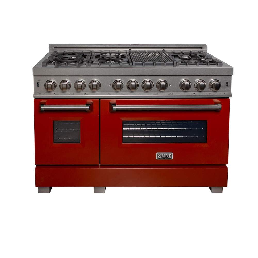 ZLINE 48 in. 6.0 cu. ft. Legacy Dual Fuel Range with 7 Burner Gas Cooktop and 2 Electric Ovens in Satin Stainless Steel and Red Gloss Doors (RAS-RG-48) front, oven closed.
