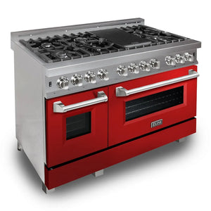 ZLINE 48 in. 6.0 cu. ft. Legacy Dual Fuel Range with 7 Burner Gas Cooktop and 2 Electric Ovens in Satin Stainless Steel and Red Gloss Doors (RAS-RG-48) main image.