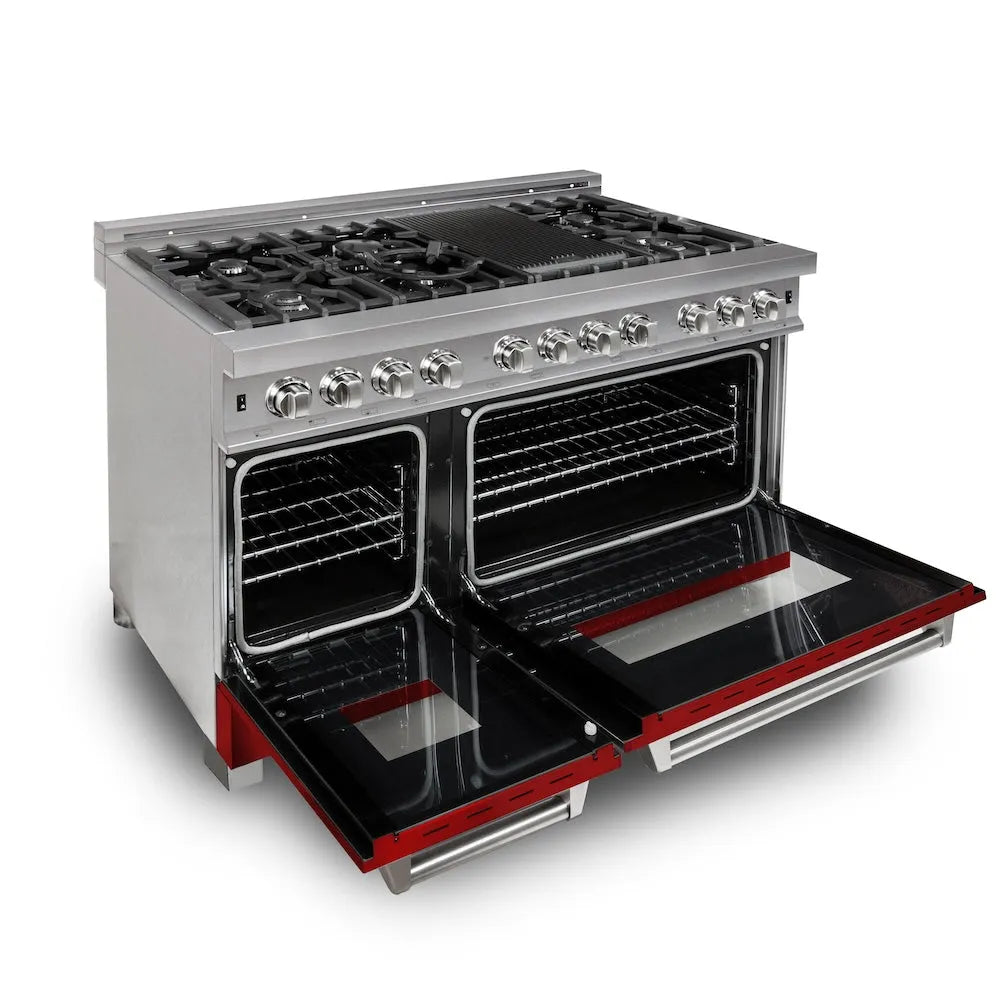 ZLINE 48 in. 6.0 cu. ft. Legacy Dual Fuel Range with 7 Burner Gas Cooktop and 2 Electric Ovens in Satin Stainless Steel and Red Gloss Doors (RAS-RG-48) oven open.