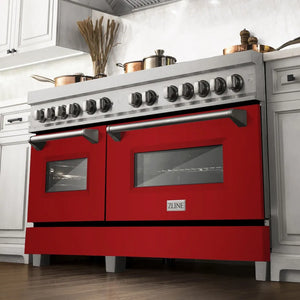 ZLINE 60 in. 7.4 cu. ft. Legacy Dual Fuel Range with 9 Burner Gas Cooktop and 2 Electric Convection Ovens in Satin Stainless Steel and Red Gloss Doors (RAS-RG-60) below, in a luxury farmhouse-style kitchen.