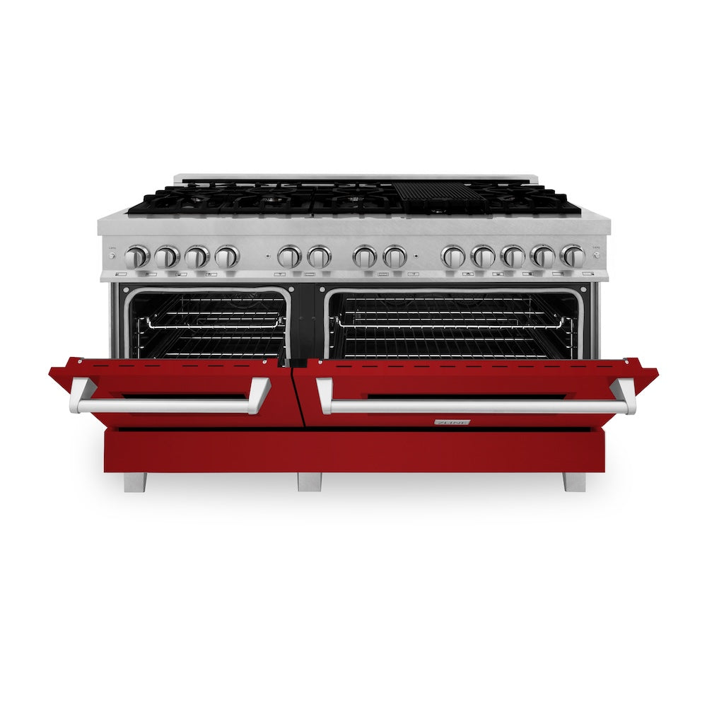 ZLINE 60 in. 7.4 cu. ft. Legacy Dual Fuel Range with 9 Burner Gas Cooktop and 2 Electric Convection Ovens in Satin Stainless Steel and Red Gloss Doors (RAS-RG-60) front, oven half open.