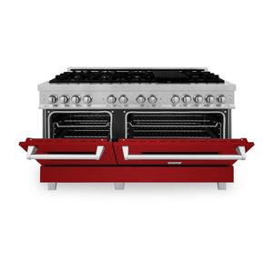 ZLINE 60 in. 7.4 cu. ft. Legacy Dual Fuel Range with 9 Burner Gas Cooktop and 2 Electric Convection Ovens in Satin Stainless Steel and Red Gloss Doors (RAS-RG-60) front, oven half open.