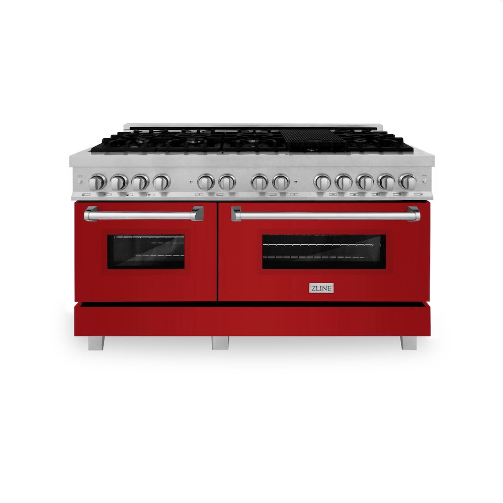 ZLINE 60 in. 7.4 cu. ft. Legacy Dual Fuel Range with 9 Burner Gas Cooktop and 2 Electric Convection Ovens in Satin Stainless Steel and Red Gloss Doors (RAS-RG-60) front, oven closed.