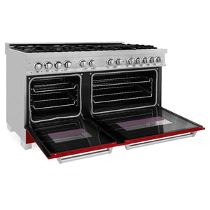ZLINE 60 in. 7.4 cu. ft. Legacy Dual Fuel Range with 9 Burner Gas Cooktop and 2 Electric Convection Ovens in Satin Stainless Steel and Red Gloss Doors (RAS-RG-60)
