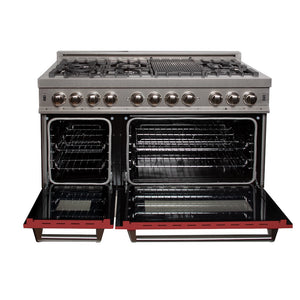 ZLINE 48 in. 6.0 cu. ft. Legacy Dual Fuel Range with 7 Burner Gas Cooktop and 2 Electric Ovens in Satin Stainless Steel and Red Matte Doors (RAS-RM-48) front, open.