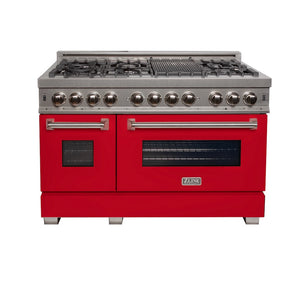 ZLINE 48 in. 6.0 cu. ft. Legacy Dual Fuel Range with 7 Burner Gas Cooktop and 2 Electric Ovens in Satin Stainless Steel and Red Matte Doors (RAS-RM-48) front, oven closed.