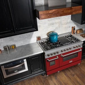 ZLINE 48 in. 6.0 cu. ft. Legacy Dual Fuel Range with 7 Burner Gas Cooktop and 2 Electric Ovens in Satin Stainless Steel and Red Matte Doors (RAS-RM-48) in a luxury kitchen.
