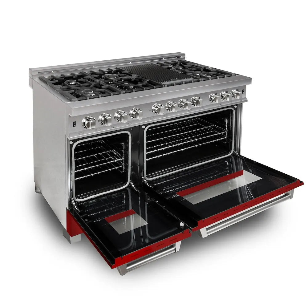 ZLINE 48 in. 6.0 cu. ft. Legacy Dual Fuel Range with 7 Burner Gas Cooktop and 2 Electric Ovens in Satin Stainless Steel and Red Matte Doors (RAS-RM-48) oven open.