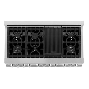 ZLINE 48 in. 6.0 cu. ft. Legacy Dual Fuel Range with 7 Burner Gas Cooktop and 2 Electric Ovens in Satin Stainless Steel and Red Matte Doors (RAS-RM-48) top-down, above cooktop.