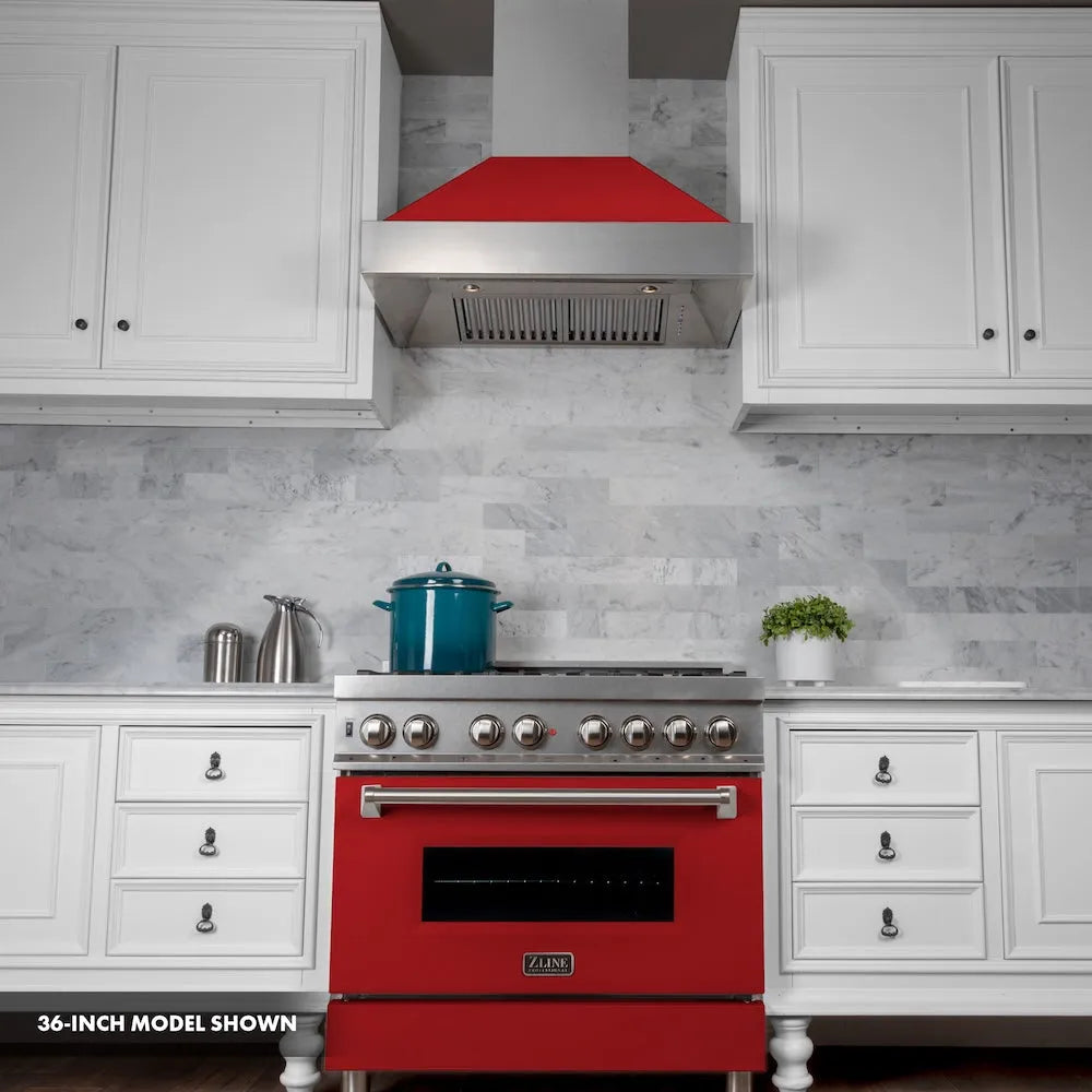 Modern kitchen with a ZLINE 30 in. 4.0 cu. ft. Legacy Dual Fuel Range with 4 Burner Gas Cooktop and Electric Convection Oven in Satin Stainless Steel and Red Matte Door (RAS-RM-30) and range hood.