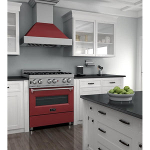 ZLINE 30 in. 4.0 cu. ft. Legacy Dual Fuel Range with 4 Burner Gas Cooktop and Electric Convection Oven in Satin Stainless Steel and Red Matte Door (RAS-RM-30)