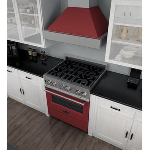 ZLINE 30 in. 4.0 cu. ft. Legacy Dual Fuel Range with 4 Burner Gas Cooktop and Electric Convection Oven in Satin Stainless Steel and Red Matte Door (RAS-RM-30)