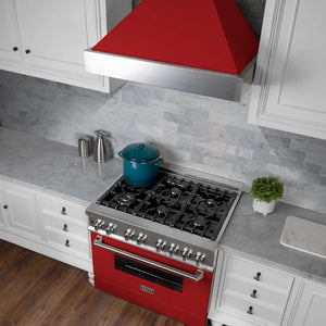 Modern kitchen with a red range hood and ZLINE 30 in. 4.0 cu. ft. Legacy Dual Fuel Range with 4 Burner Gas Cooktop and Electric Convection Oven in Satin Stainless Steel and Red Matte Door (RAS-RM-30)