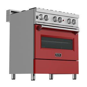 ZLINE 30 in. 4.0 cu. ft. Legacy Dual Fuel Range with 4 Burner Gas Cooktop and Electric Convection Oven in Satin Stainless Steel and Red Matte Door (RAS-RM-30)