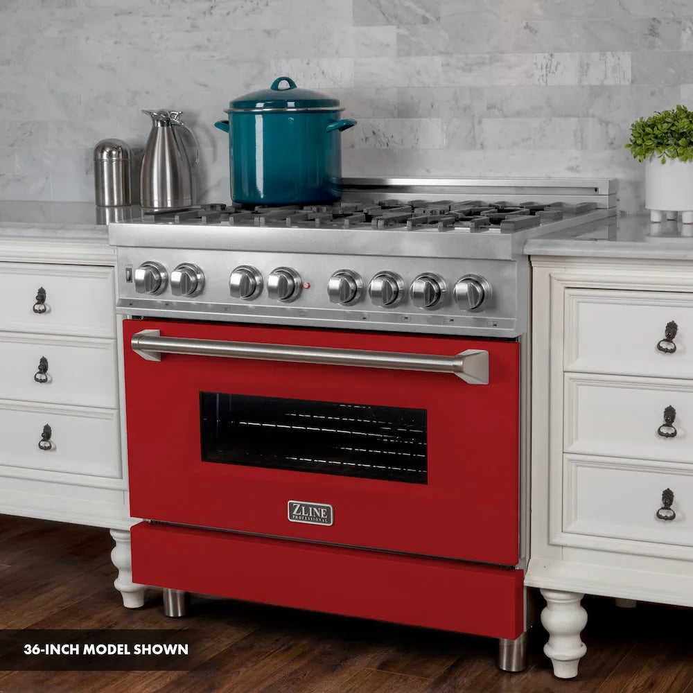 ZLINE 30 in. 4.0 cu. ft. Legacy Dual Fuel Range with 4 Burner Gas Cooktop and Electric Convection Oven in Satin Stainless Steel and Red Matte Door (RAS-RM-30) side.