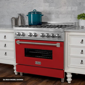 ZLINE 30 in. 4.0 cu. ft. Legacy Dual Fuel Range with 4 Burner Gas Cooktop and Electric Convection Oven in Satin Stainless Steel and Red Matte Door (RAS-RM-30) side.