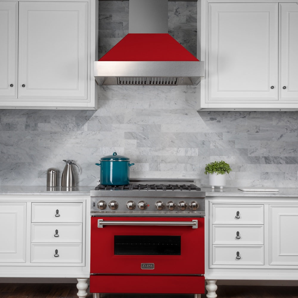 ZLINE 36 in. 4.6 cu. ft. Legacy Dual Fuel Range with 6 Burner Gas Cooktop and Electric Convection Oven in Satin Stainless Steel and Red Matte Door (RAS-RM-36) front, oven closed.