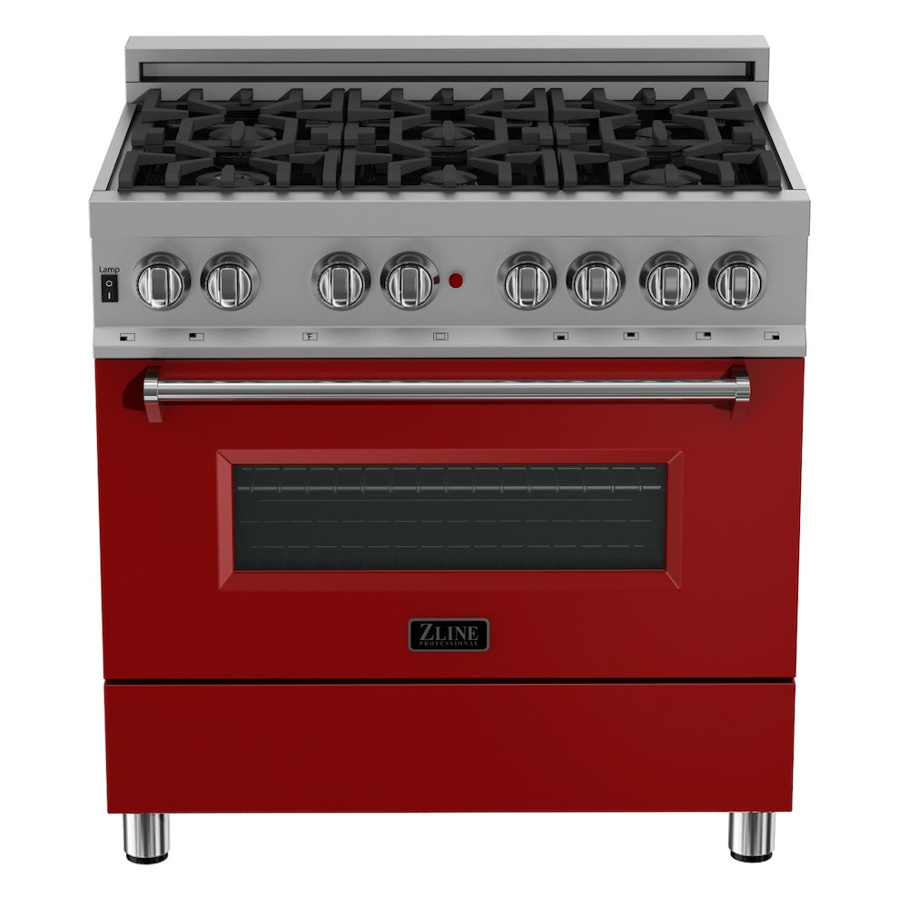 ZLINE 36 in. 4.6 cu. ft. Legacy Dual Fuel Range with 6 Burner Gas Cooktop and Electric Convection Oven in Satin Stainless Steel and Red Matte Door (RAS-RM-36) front, oven closed.