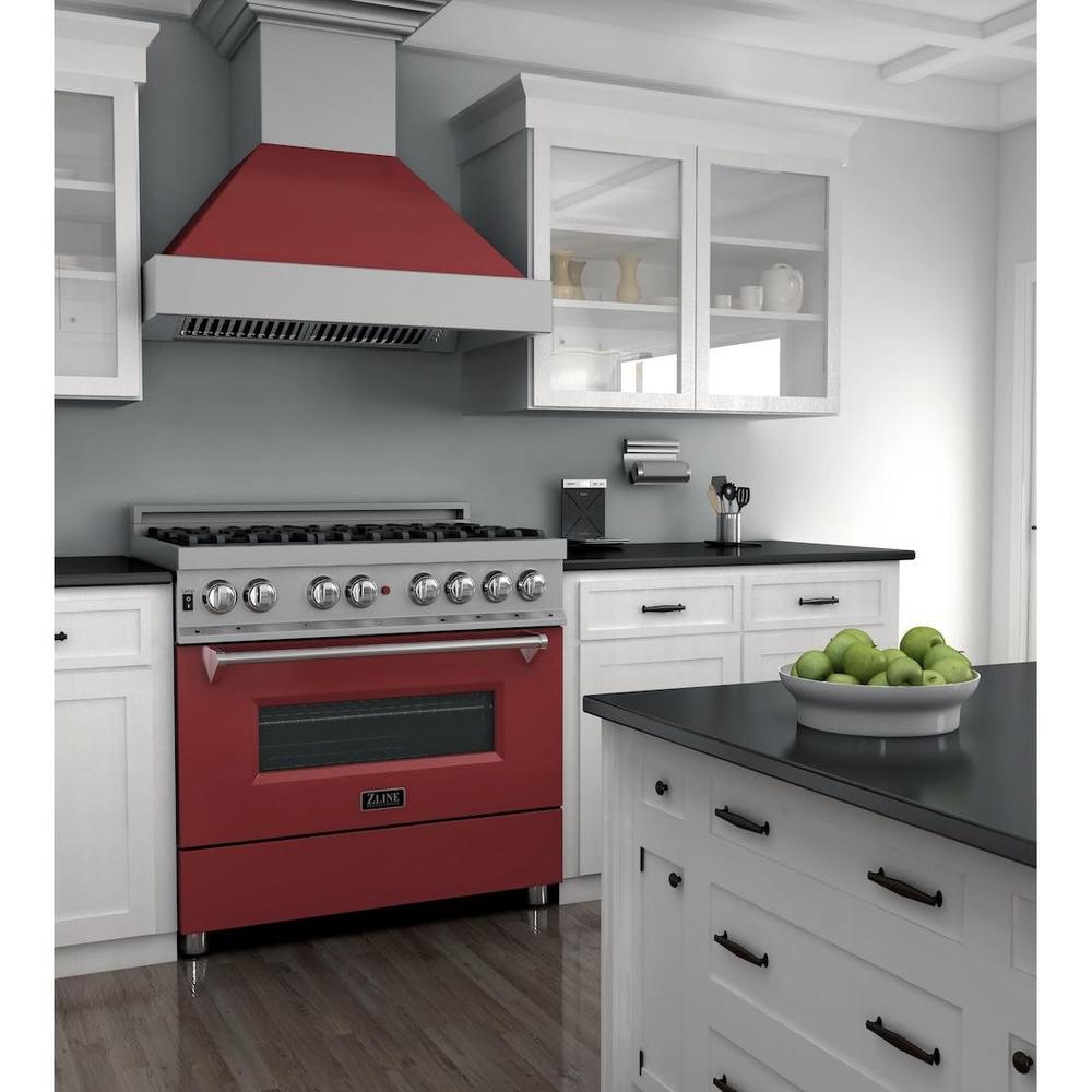 ZLINE 36 in. 4.6 cu. ft. Legacy Dual Fuel Range with 6 Burner Gas Cooktop and Electric Convection Oven in Satin Stainless Steel and Red Matte Door (RAS-RM-36)