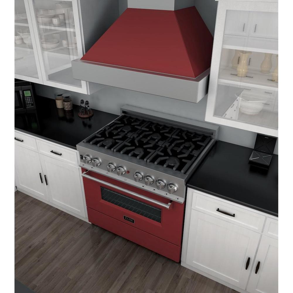 ZLINE 36 in. 4.6 cu. ft. Legacy Dual Fuel Range with 6 Burner Gas Cooktop and Electric Convection Oven in Satin Stainless Steel and Red Matte Door (RAS-RM-36)