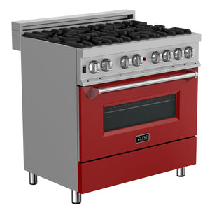 ZLINE 36 in. 4.6 cu. ft. Legacy Dual Fuel Range with 6 Burner Gas Cooktop and Electric Convection Oven in Satin Stainless Steel and Red Matte Door (RAS-RM-36)