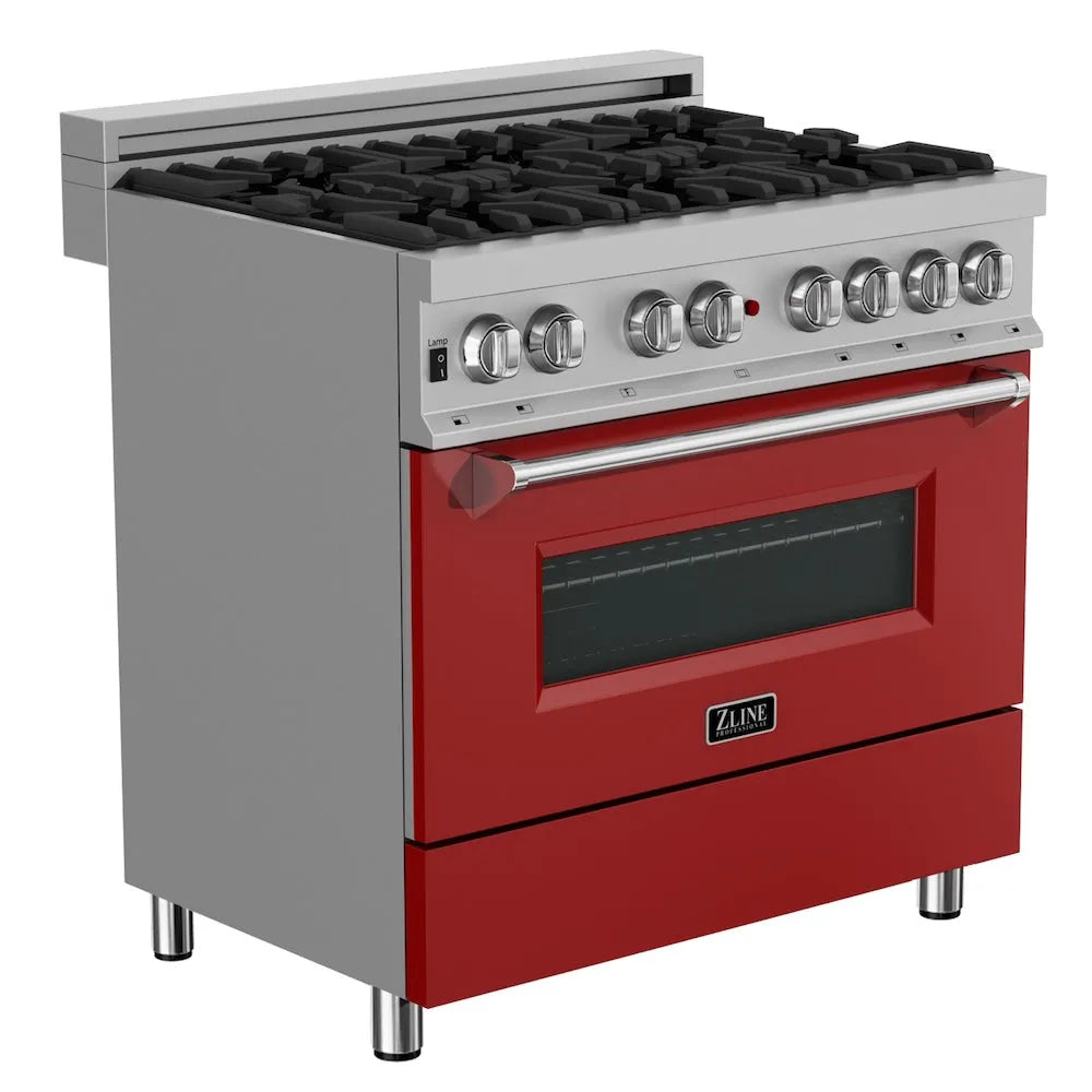 ZLINE 36 in. 4.6 cu. ft. Legacy Dual Fuel Range with 6 Burner Gas Cooktop and Electric Convection Oven in Satin Stainless Steel and Red Matte Door (RAS-RM-36) main image.