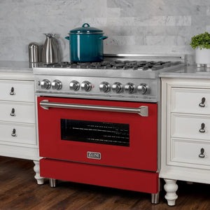 ZLINE 36 in. 4.6 cu. ft. Legacy Dual Fuel Range with 6 Burner Gas Cooktop and Electric Convection Oven in Satin Stainless Steel and Red Matte Door (RAS-RM-36) in a kitchen setting