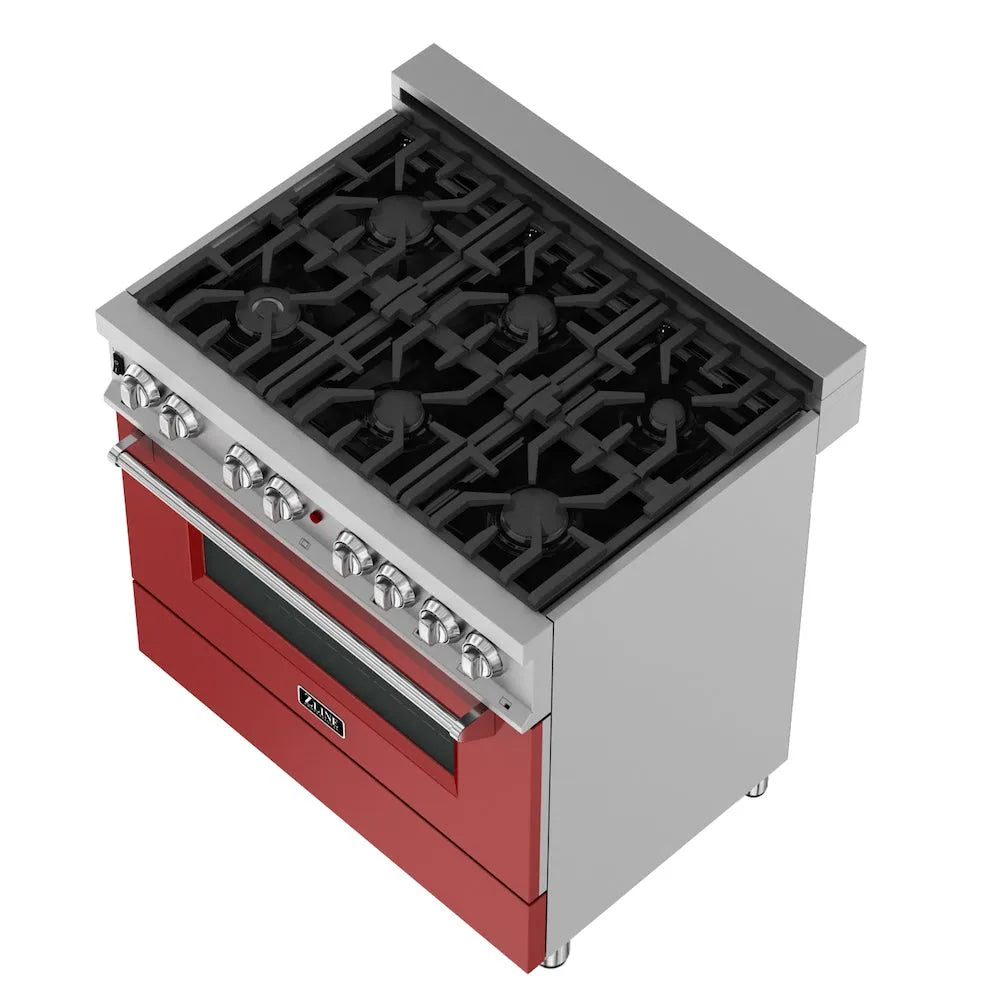 ZLINE 36 in. 4.6 cu. ft. Legacy Dual Fuel Range with 6 Burner Gas Cooktop and Electric Convection Oven in Satin Stainless Steel and Red Matte Door (RAS-RM-36) above cooking surface.