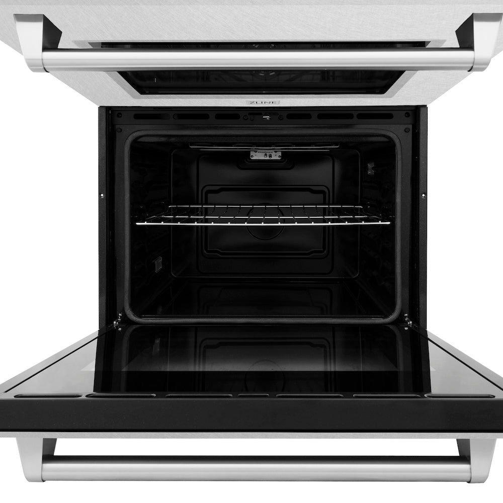 ZLINE 30 in. Professional True Convection Double Wall Oven with Air Fry and Self Clean in Satin Stainless Steel (WADS-30) front, oven open.
