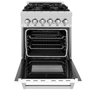 ZLINE 24 in. 2.8 cu. ft. Legacy Dual Fuel Range with 4 Burner Gas Cooktop and Electric Convection Oven in Satin Stainless Steel and White Matte Door (RAS-WM-24) front, open.