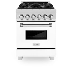 ZLINE 24 in. 2.8 cu. ft. Legacy Dual Fuel Range with 4 Burner Gas Cooktop and Electric Convection Oven in Satin Stainless Steel and White Matte Door (RAS-WM-24) front, oven closed.