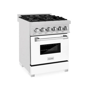 ZLINE 24 in. 2.8 cu. ft. Legacy Dual Fuel Range with 4 Burner Gas Cooktop and Electric Convection Oven in Satin Stainless Steel and White Matte Door (RAS-WM-24) main image.