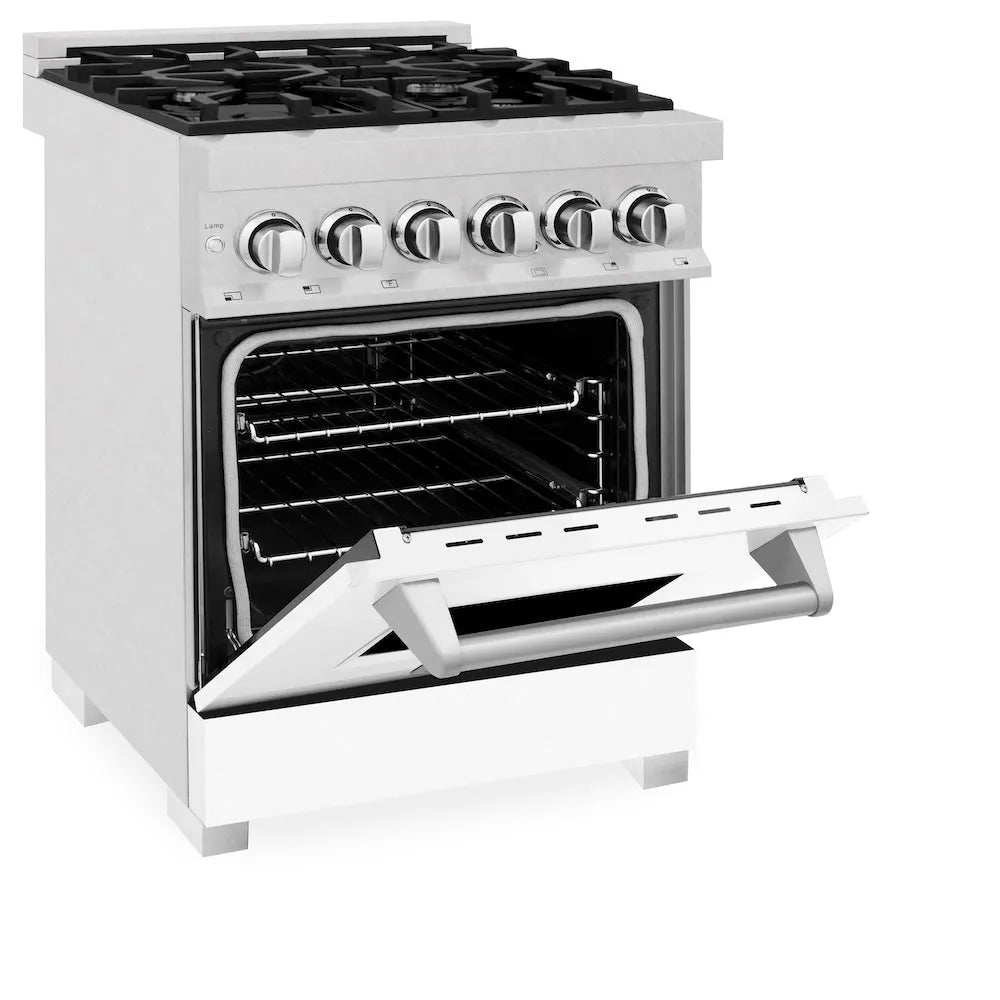 ZLINE 24 in. 2.8 cu. ft. Legacy Dual Fuel Range with 4 Burner Gas Cooktop and Electric Convection Oven in Satin Stainless Steel and White Matte Door (RAS-WM-24) side, oven half open.