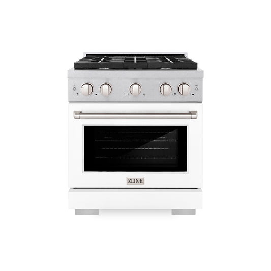 ZLINE 30 in. 4.2 cu. ft. Paramount Dual Fuel Range with 4 Burner Gas Cooktop and Electric Convection Oven in Satin Stainless Steel with White Matte Door (SDRS-WM-30) front.