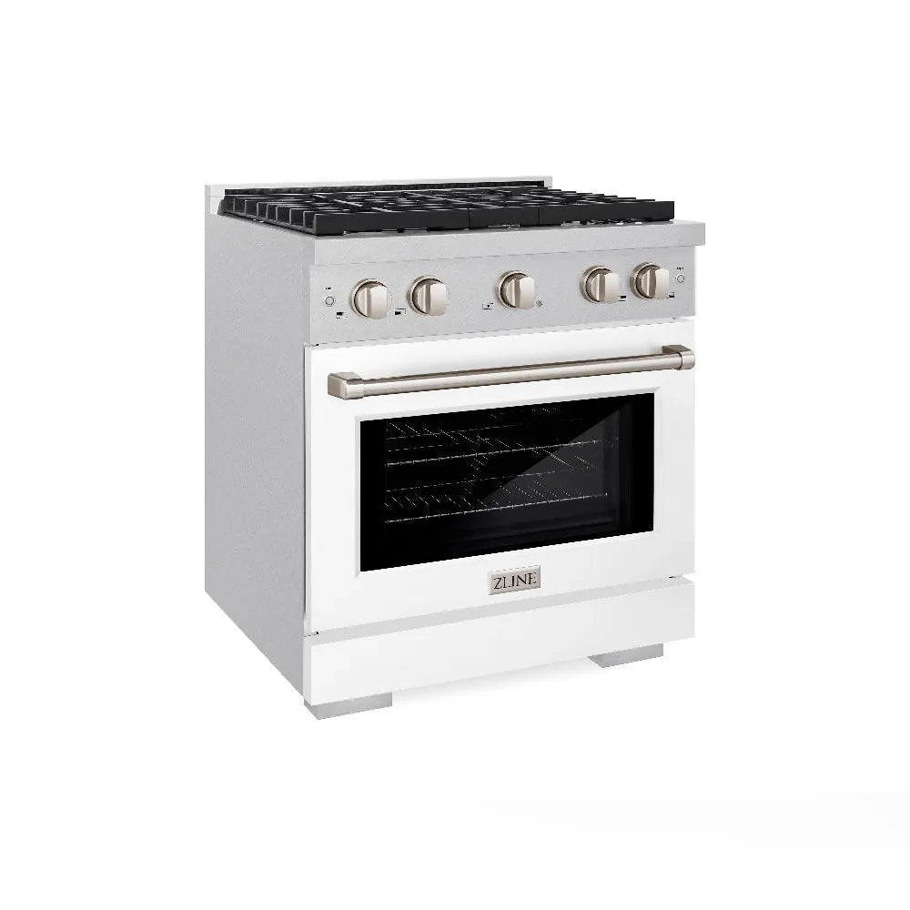ZLINE 30 in. 4.2 cu. ft. Paramount Dual Fuel Range with 4 Burner Gas Cooktop and Electric Convection Oven in Satin Stainless Steel with White Matte Door (SDRS-WM-30) main image.