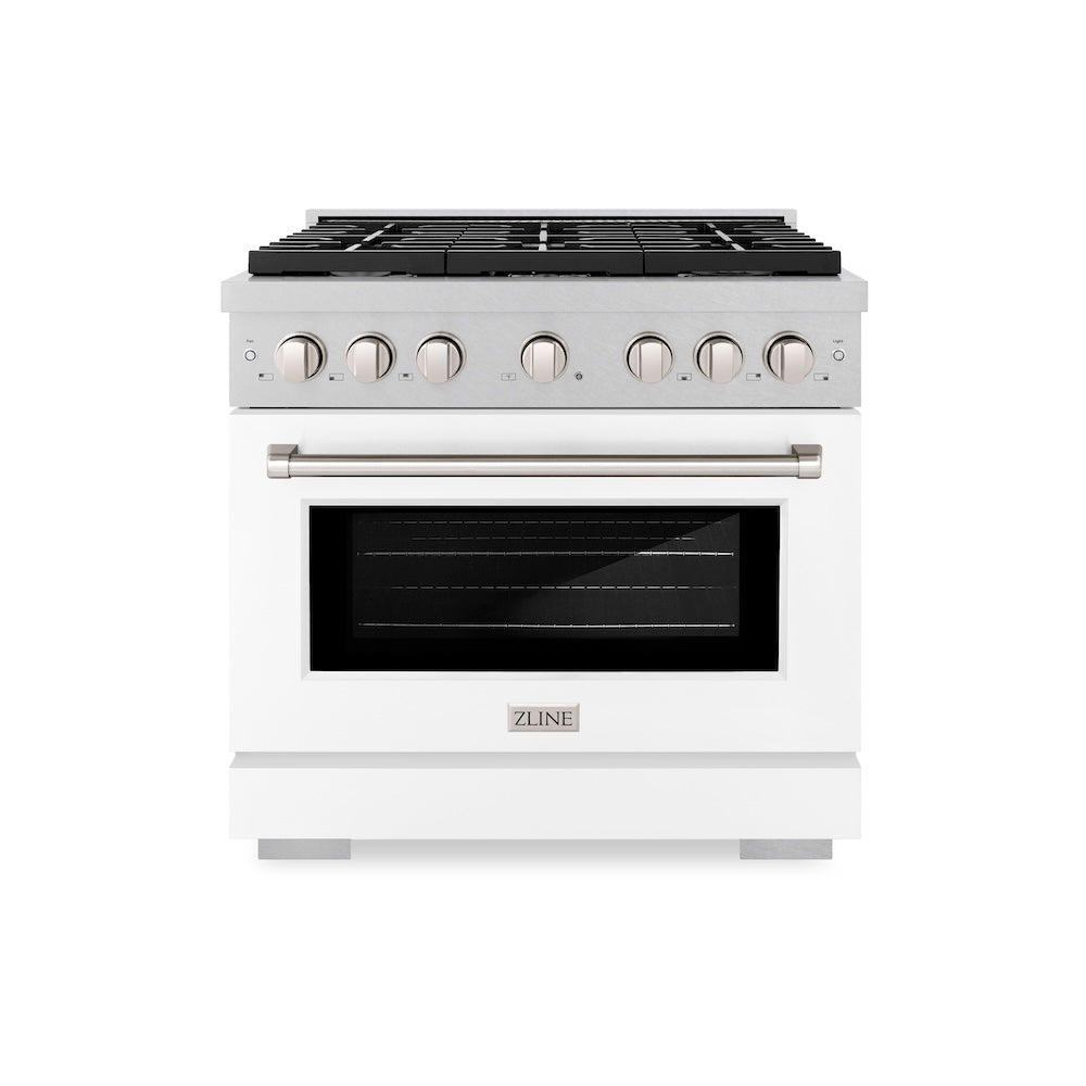 ZLINE 36 in. 5.2 cu. ft. Paramount Dual Fuel Range with 6 Burner Gas Cooktop and Electric Convection Oven in Satin Stainless Steel with White Matte Door (SDRS-WM-36) front.