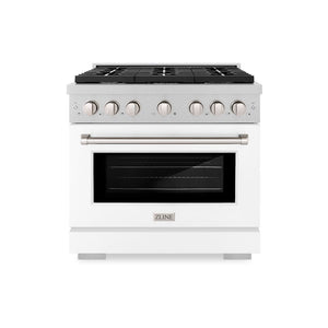 ZLINE 36 in. 5.2 cu. ft. Paramount Dual Fuel Range with 6 Burner Gas Cooktop and Electric Convection Oven in Satin Stainless Steel with White Matte Door (SDRS-WM-36) front.