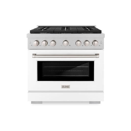 ZLINE 36 in. 5.2 cu. ft. Paramount Dual Fuel Range with 6 Burner Gas Cooktop and Electric Convection Oven in Satin Stainless Steel with White Matte Door (SDRS-WM-36) front.
